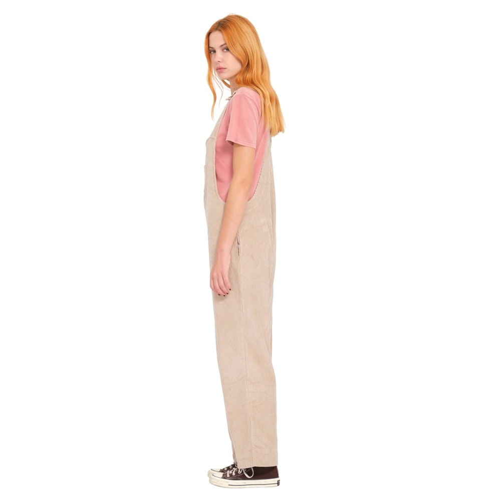 Volcom Beige Corduroy Overalls with Pink Tee